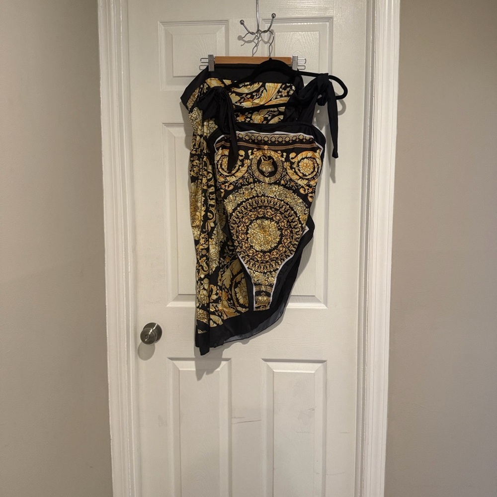 Black and Gold Baroque-Print One-Piece Swimsuit with Tie Straps - Picture 3 of 14